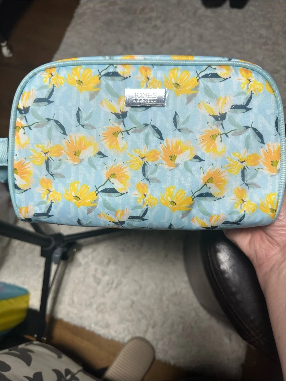 Jones New York Blue Floral Travel Cosmetic Pouch with Yellow Accents